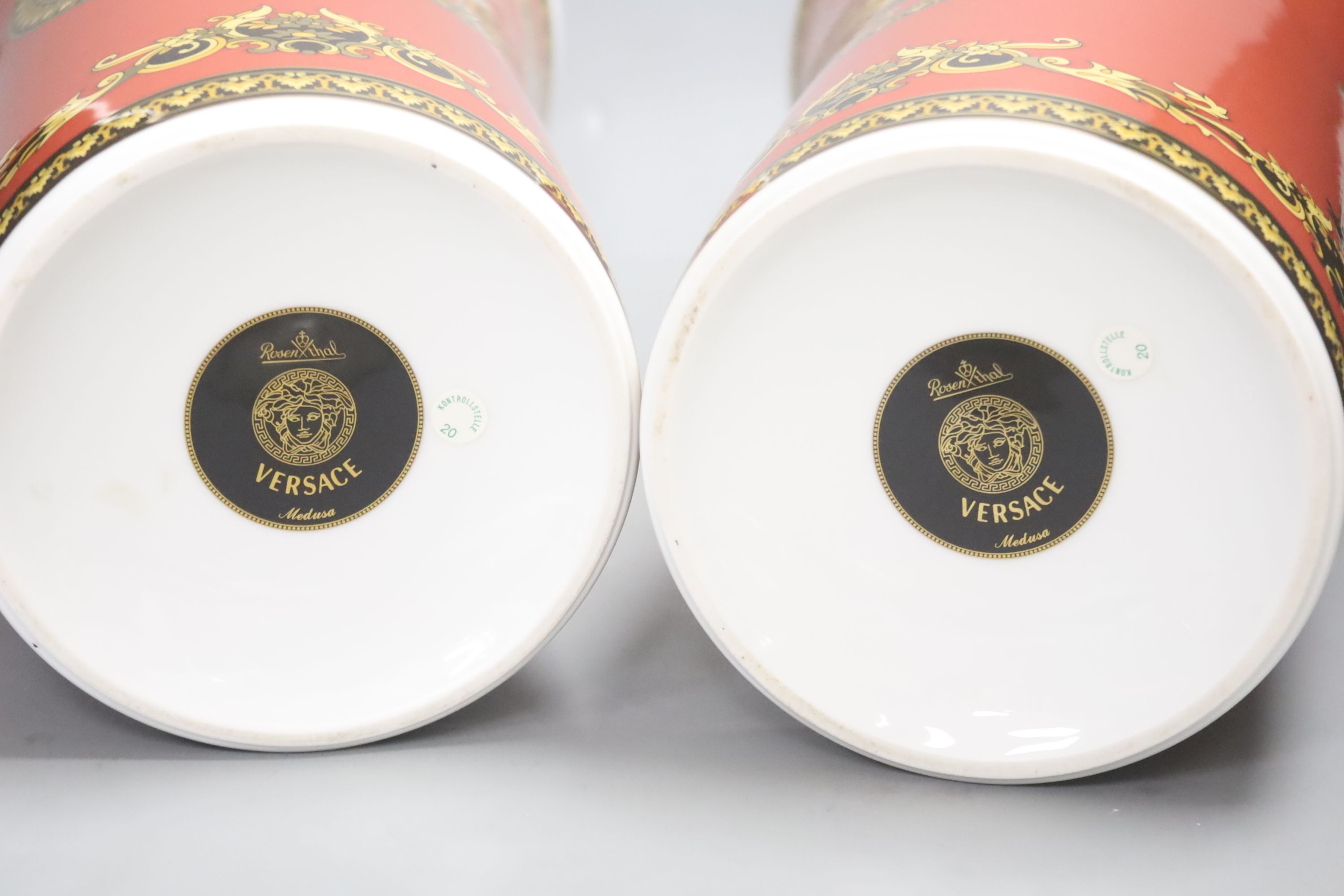 A pair of Rosenthal Versace 'Medusa Red' tapered vases, height 34cm H 34cm
